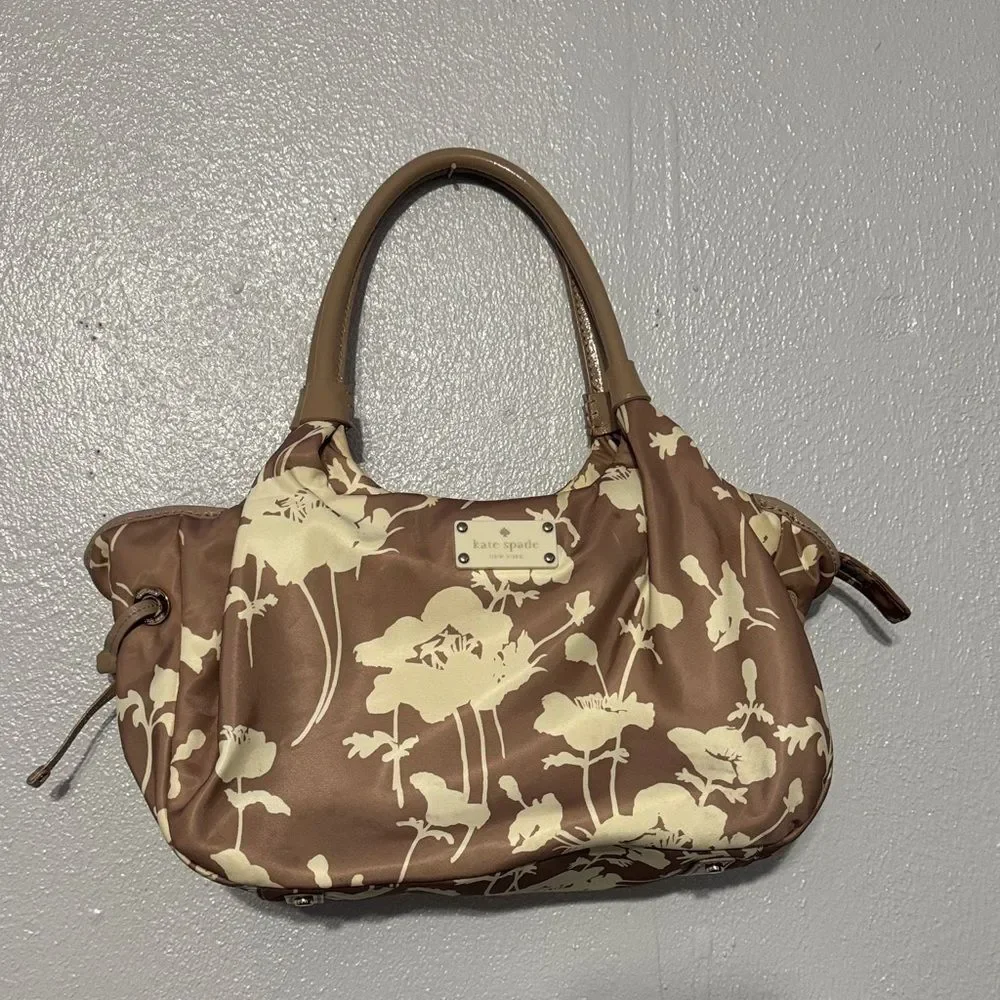 Chic Kate Spade Neutral Floral Nylon Leather Hobo Bag Shoulder Purse Trendy